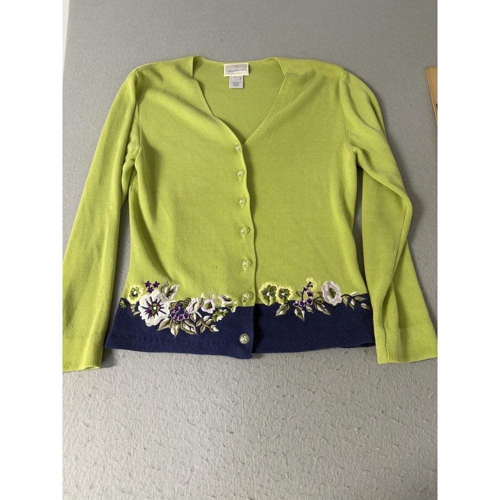 Vintage Susan Bristol Sweater‎ Womens Small Green Blue Floral Embroidered 90s